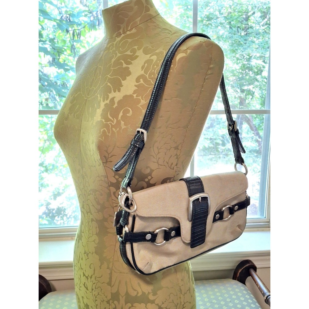 Y2K Vintage BCBG Shoulder Bag Khaki Nylon Black Vegan Leather